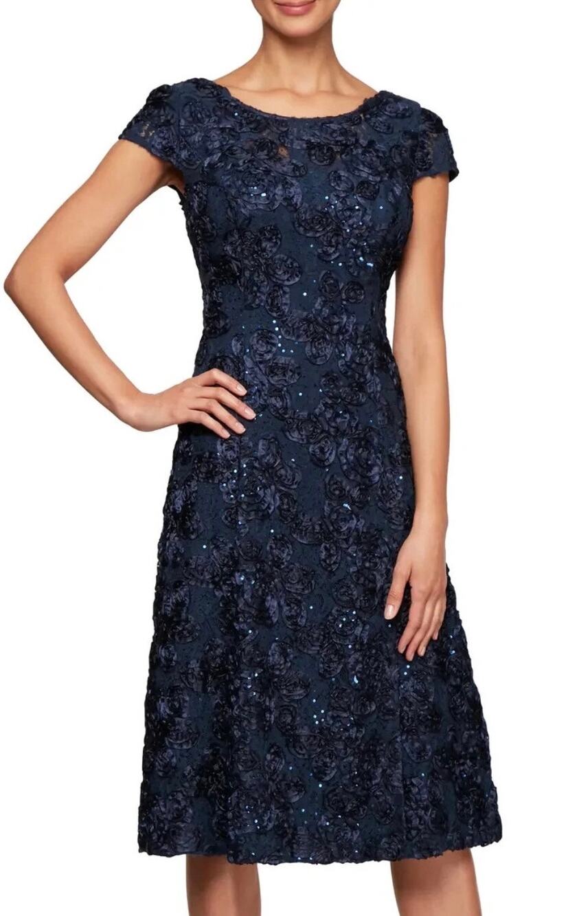Alex Evenings Navy Blue Sequin mother of the bride Cocktail middy Dress Size 16W